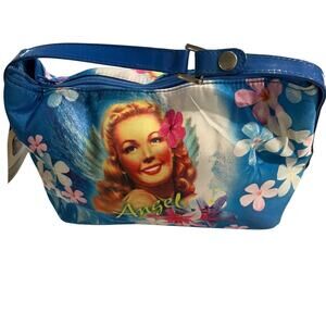 Modella Angel Retro Pin-Up Floral Cosmetic Bag Blue Zipper Handle NWT 9x6"
